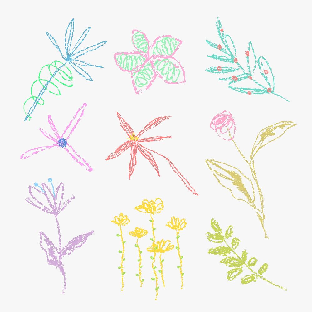 Crayon flower kids sticker, colorful hand drawn doodle design set vector
