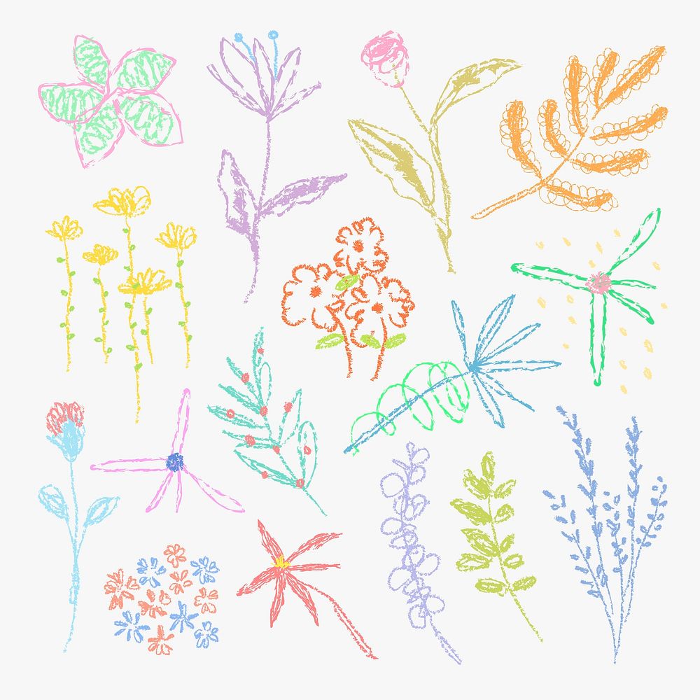 Crayon flower kids sticker, colorful hand drawn doodle design set vector