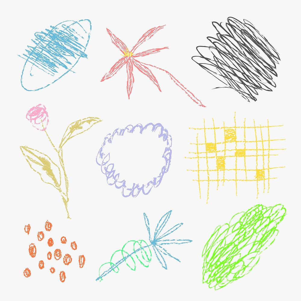 Crayon flower kids sticker, colorful hand drawn doodle design set psd