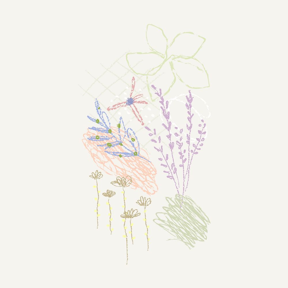 Floral crayon sticker, abstract hand drawn scribble design psd