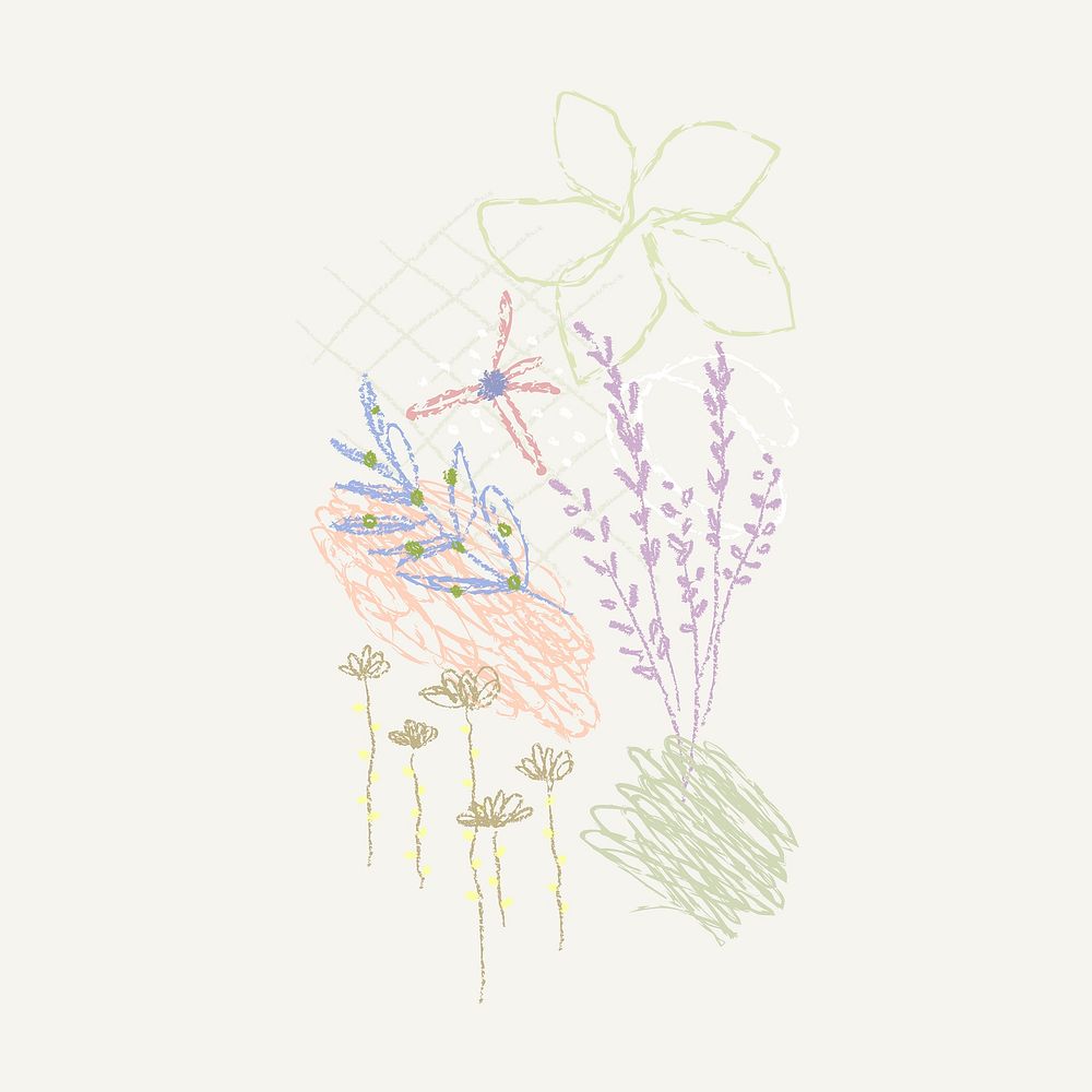 Floral crayon sticker, abstract hand drawn scribble design vector