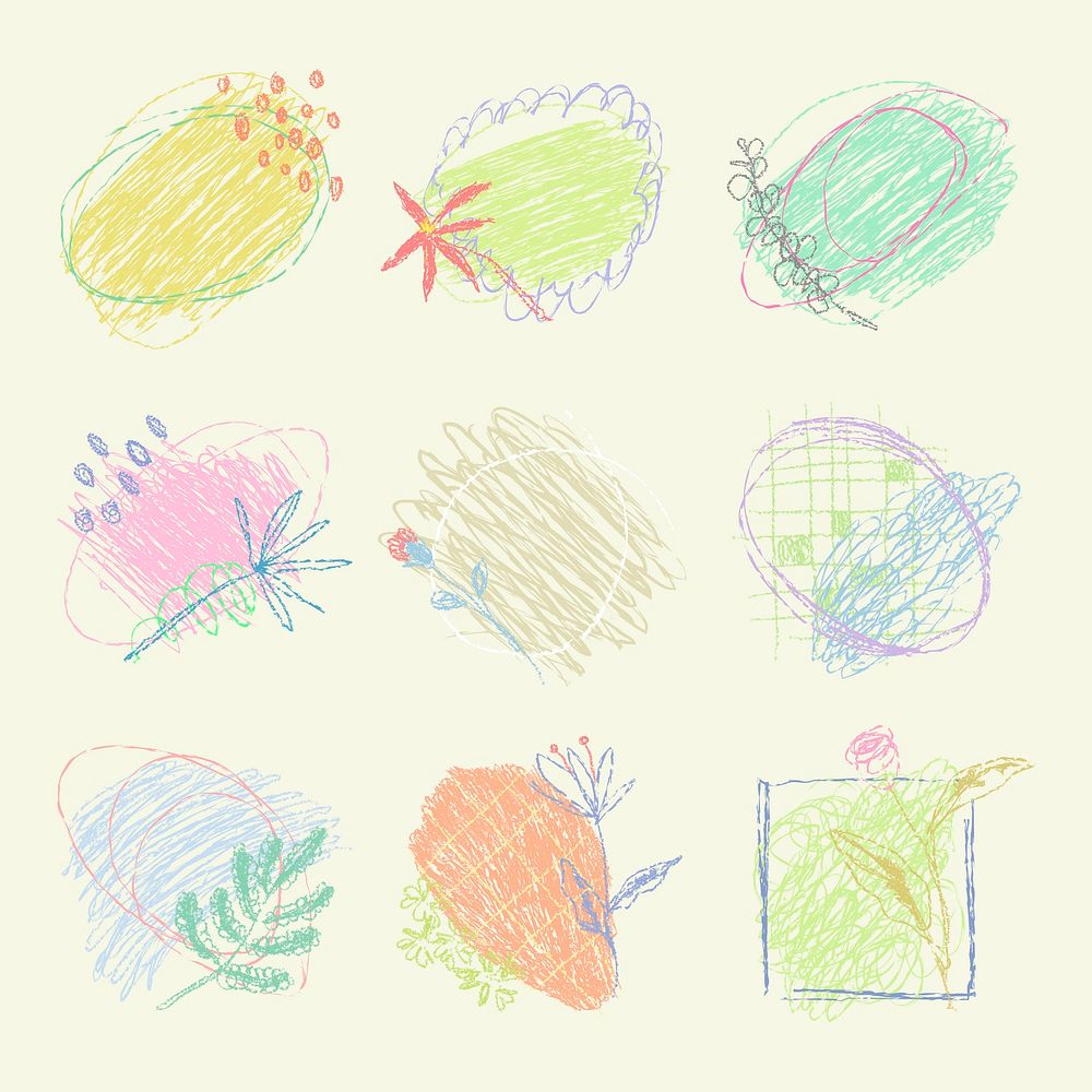 Hand drawn flower illustration, cute abstract scribble design on yellow background set