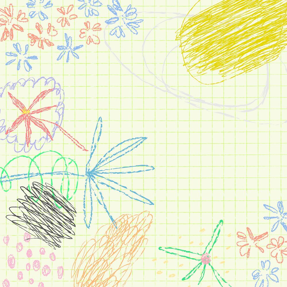 Cute line art background, crayon doodle design with grid pattern vector