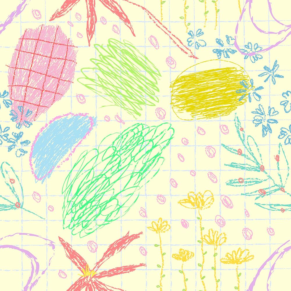 Crayon kids pattern background, grids hand drawn doodle design