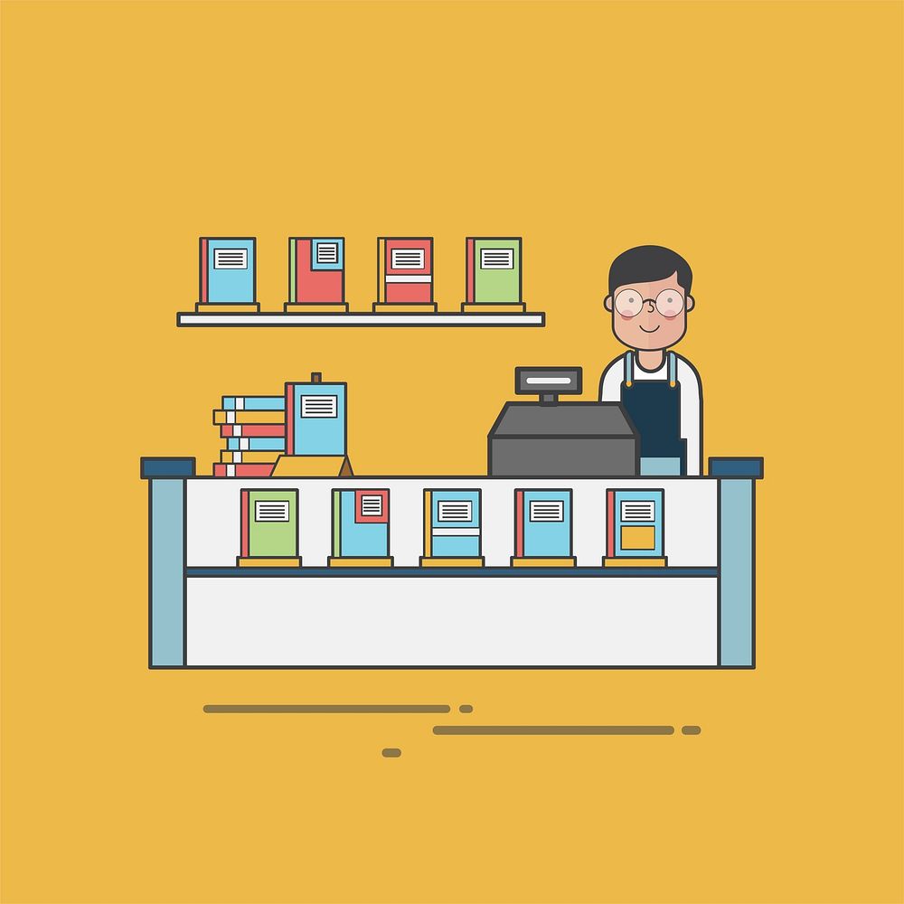 Illustration of a bookstore cashier counter