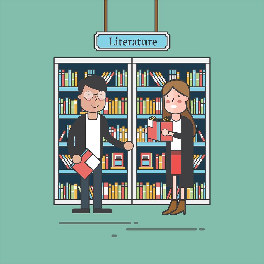 Illustration of a man and woman in the library