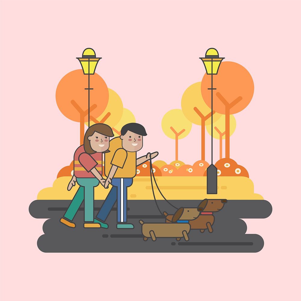Illustration of a couple walking their dogs