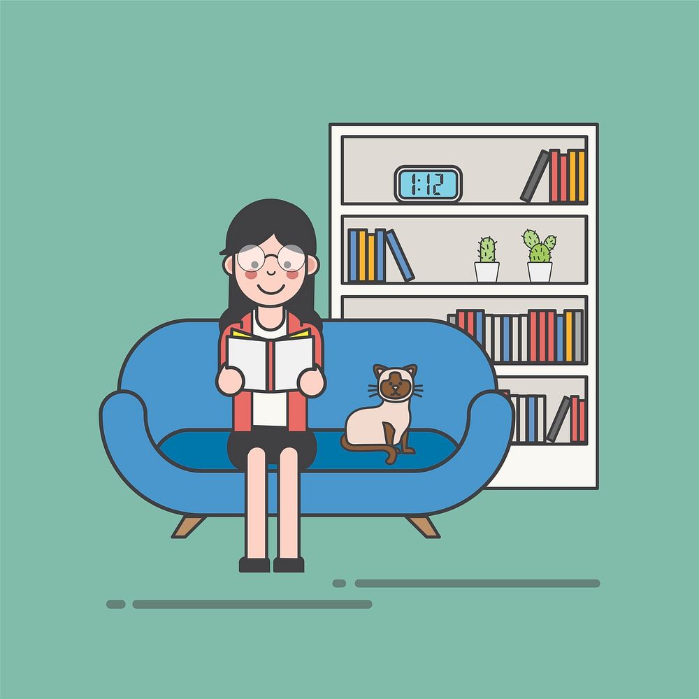 Woman with glasses reading a book on the couch illustration