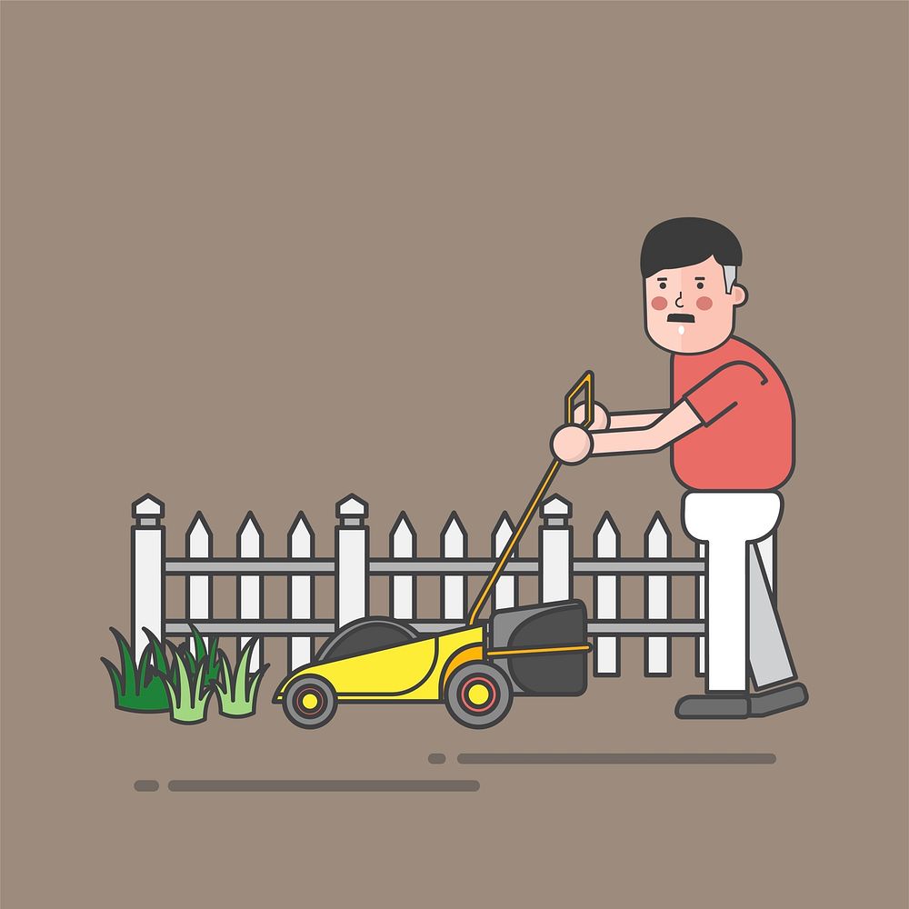 Character illustration of a man mowing the lawn