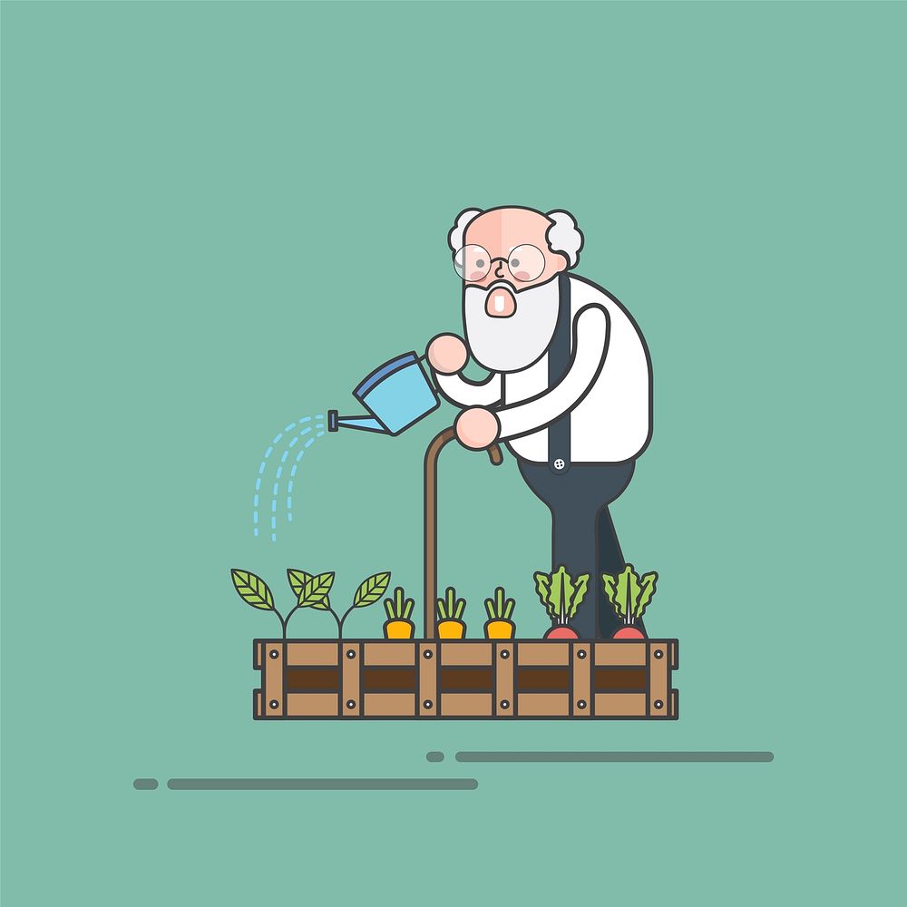 Bearded old guy watering his garden illustration