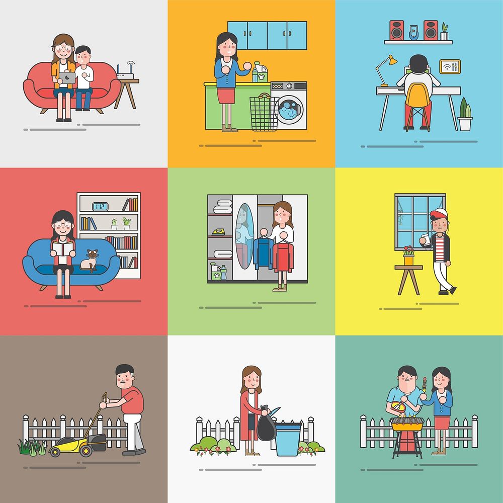 Illustration set of household people and settings