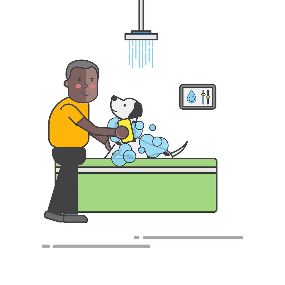 Illustration of a man bathing his dog