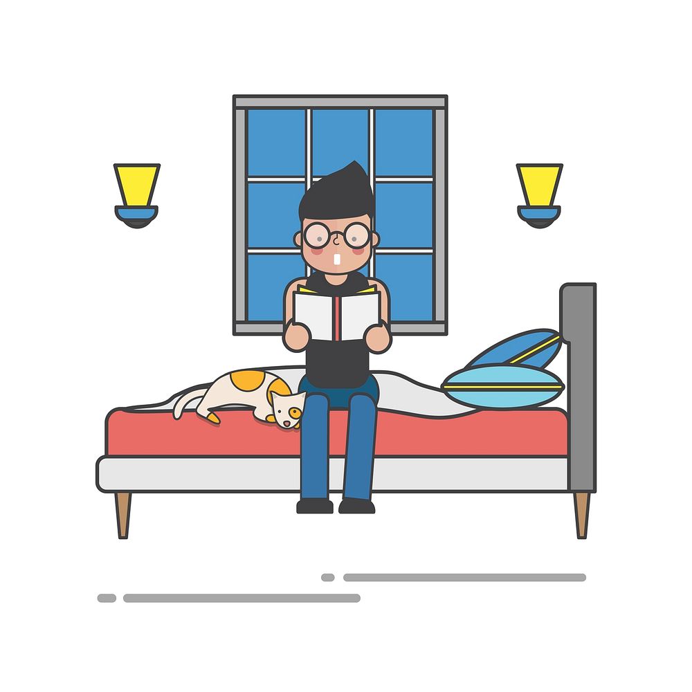 Illustration of a guy reading a book on his bed