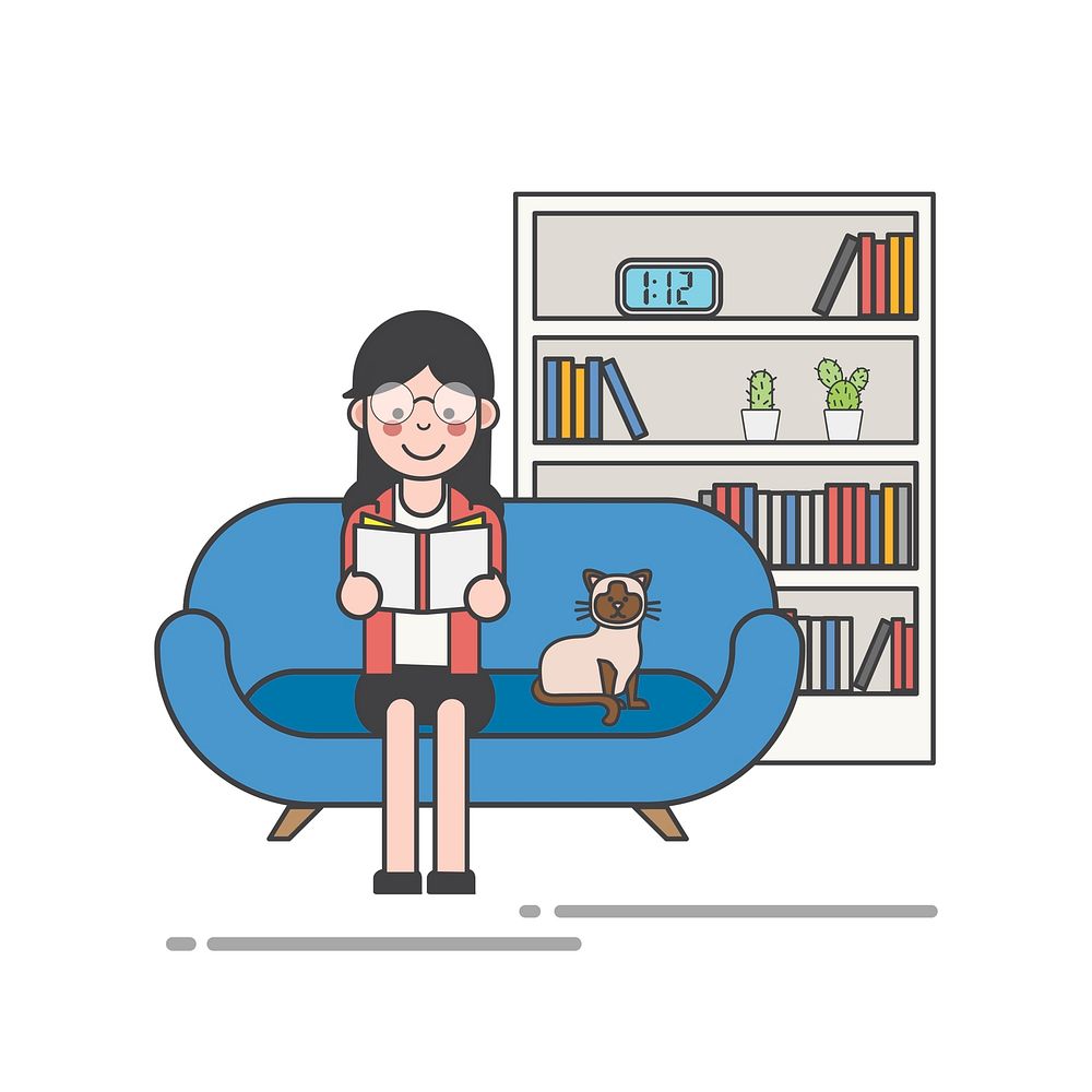 Illustration of a woman reading a book on the couch