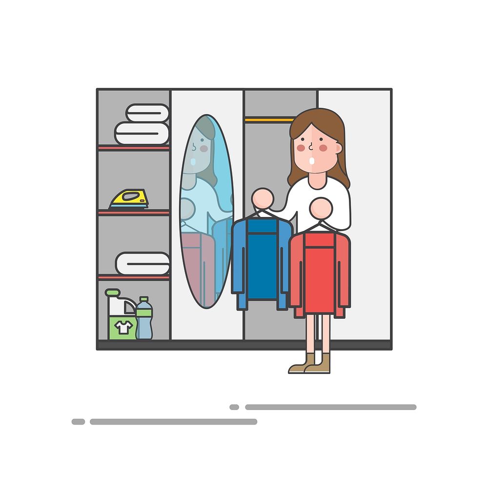 Woman trying out her clothes in front of the mirror illustration