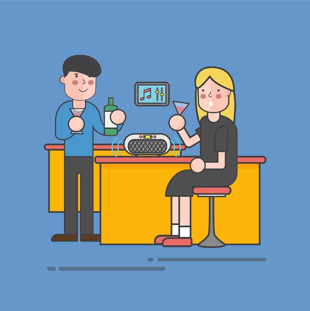 Woman at a bar with the bartender illustration