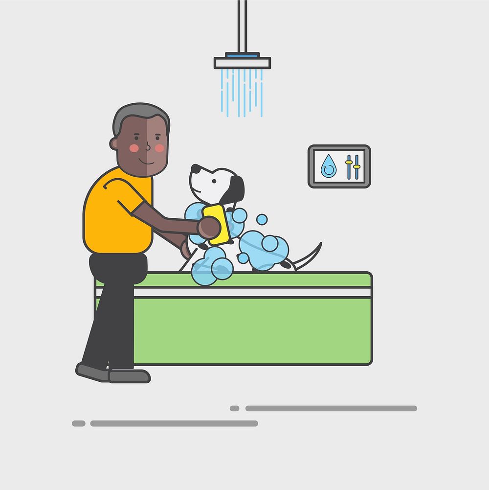 Guy giving his dog a bath illustration