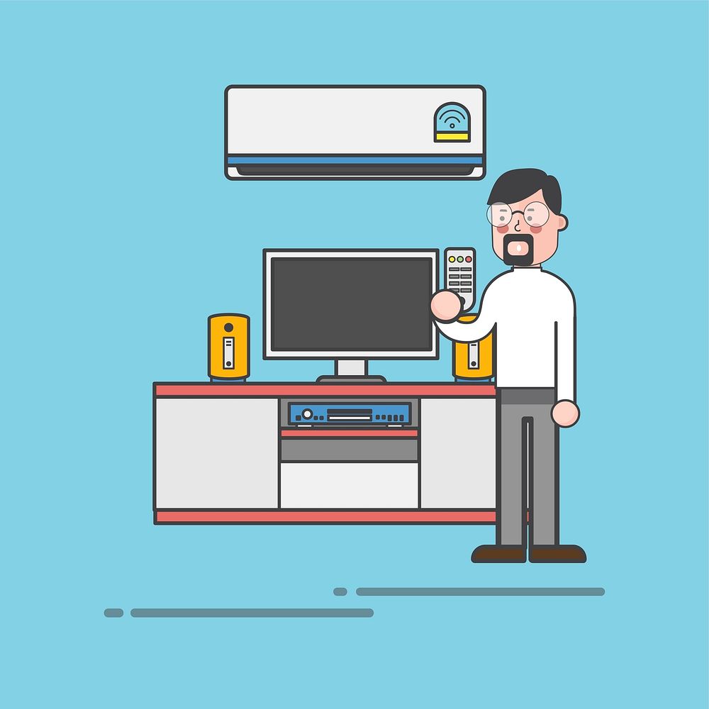 Bearded guy with the TV remote in the living room illustration