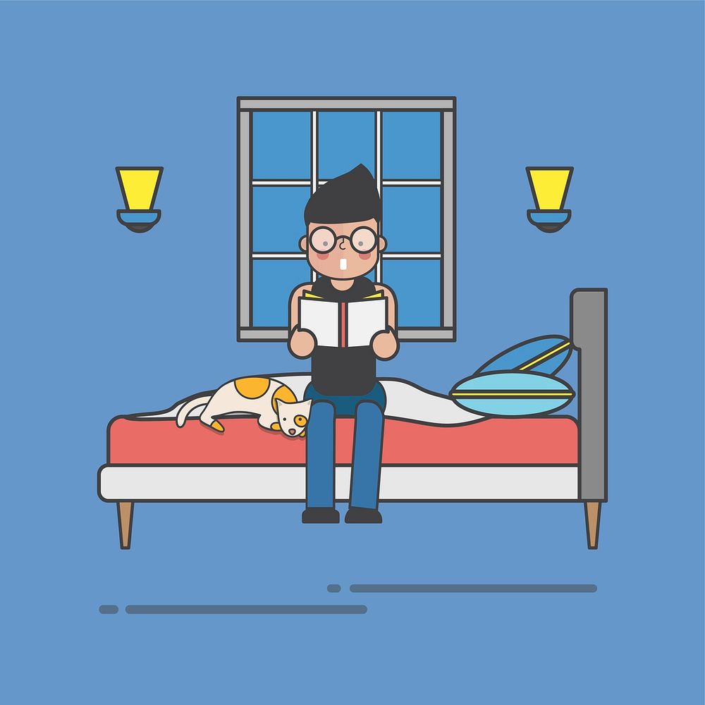 Illustration of a guy reading a book on th bed