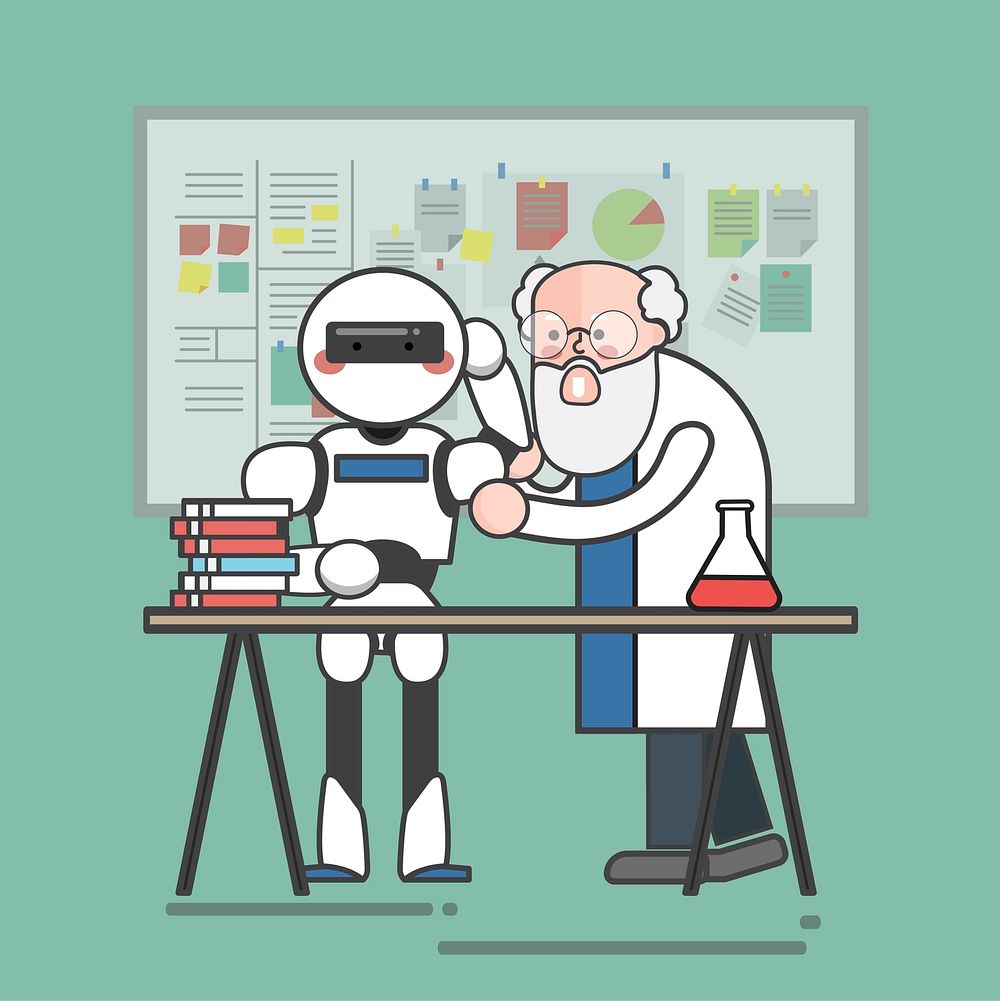Scientist teaching an AI robot