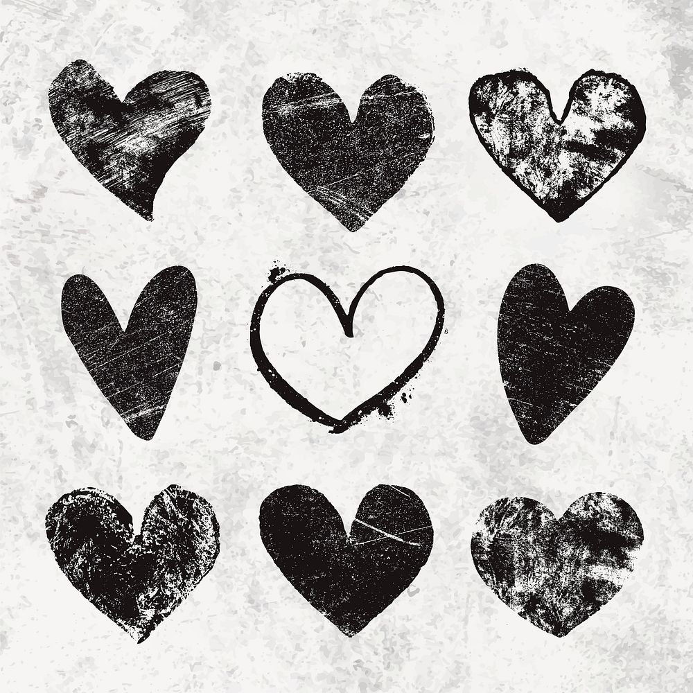 Black grunge heart stickers set vector