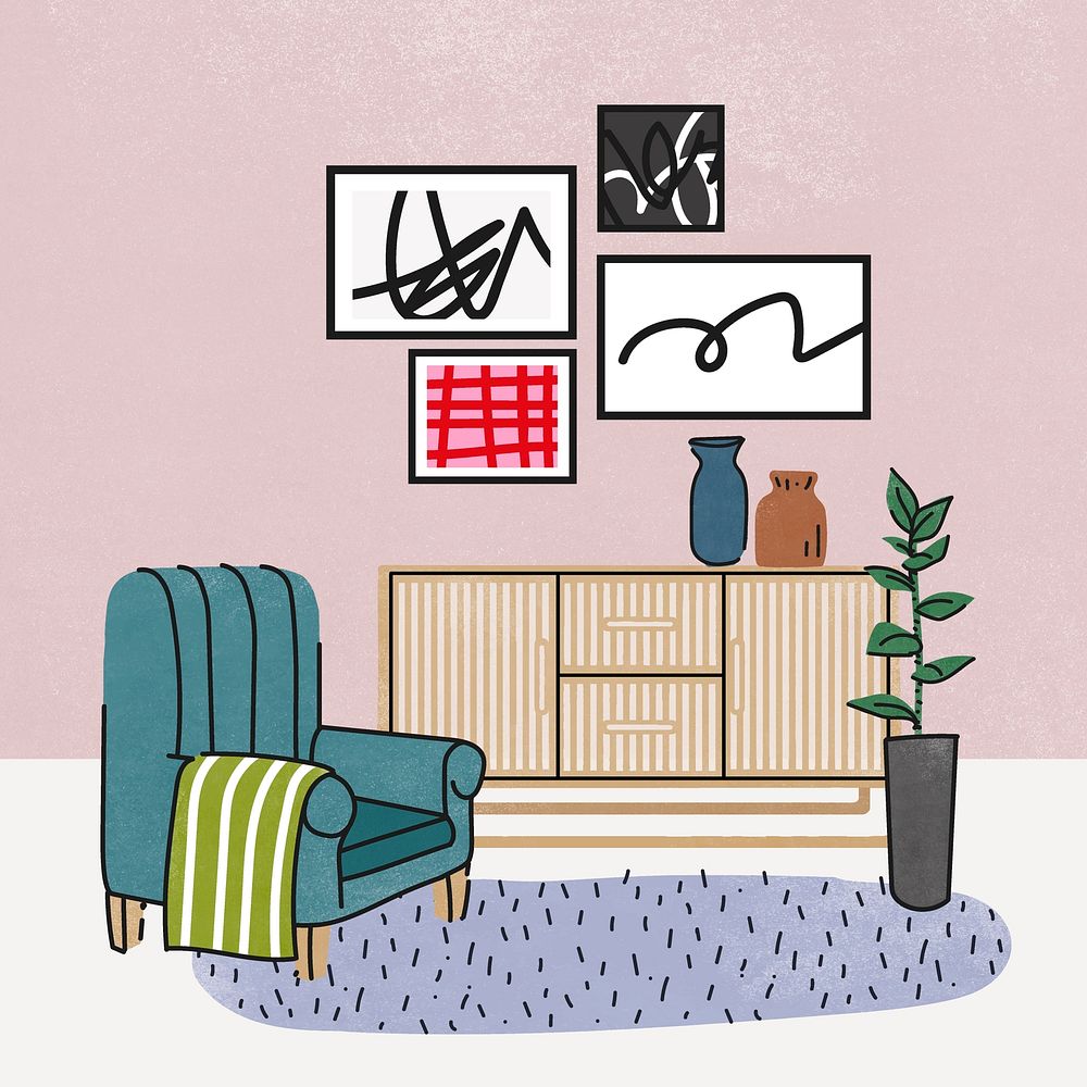 Feminine living room illustration, with furniture & home decor