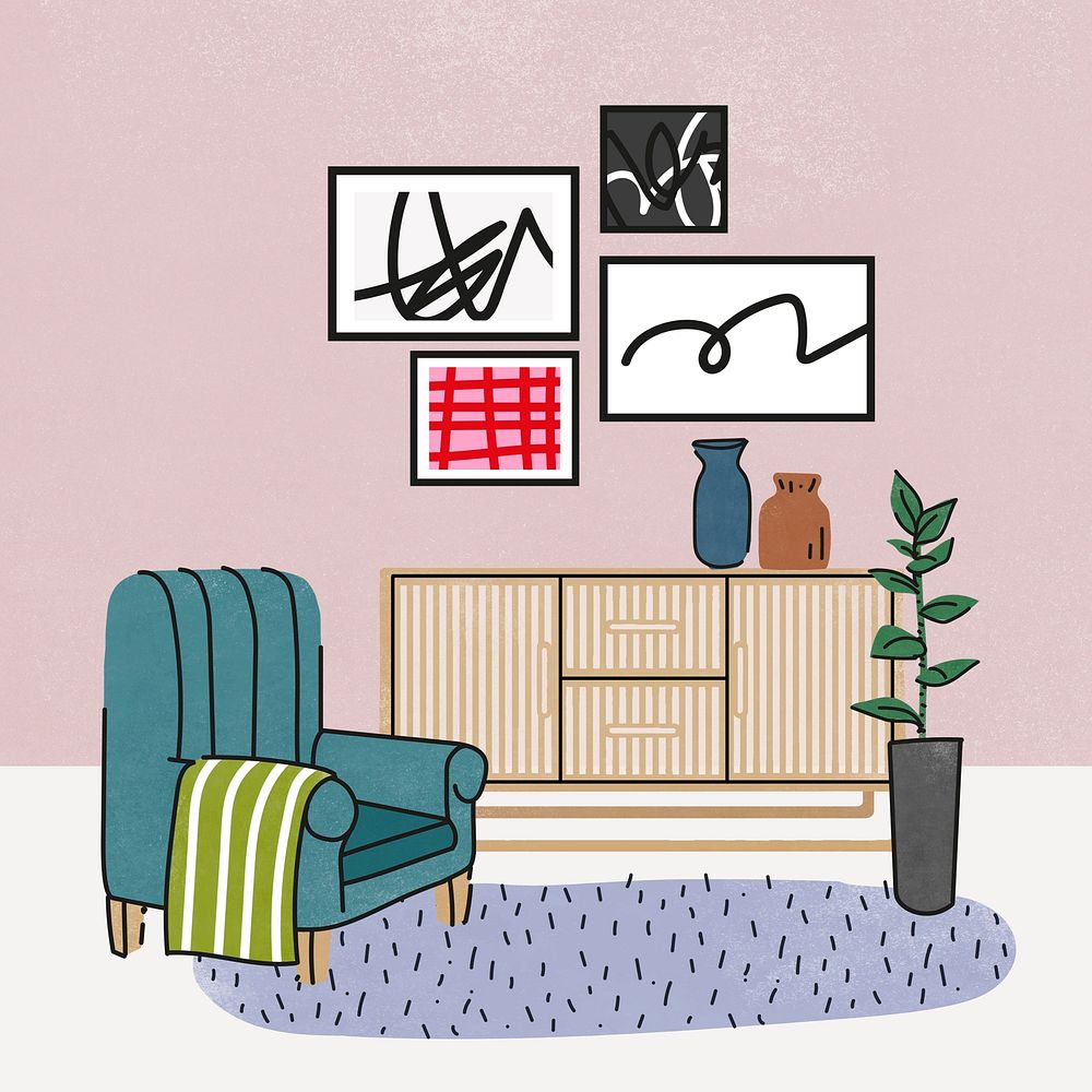 Feminine living room illustration, with furniture & home decor psd