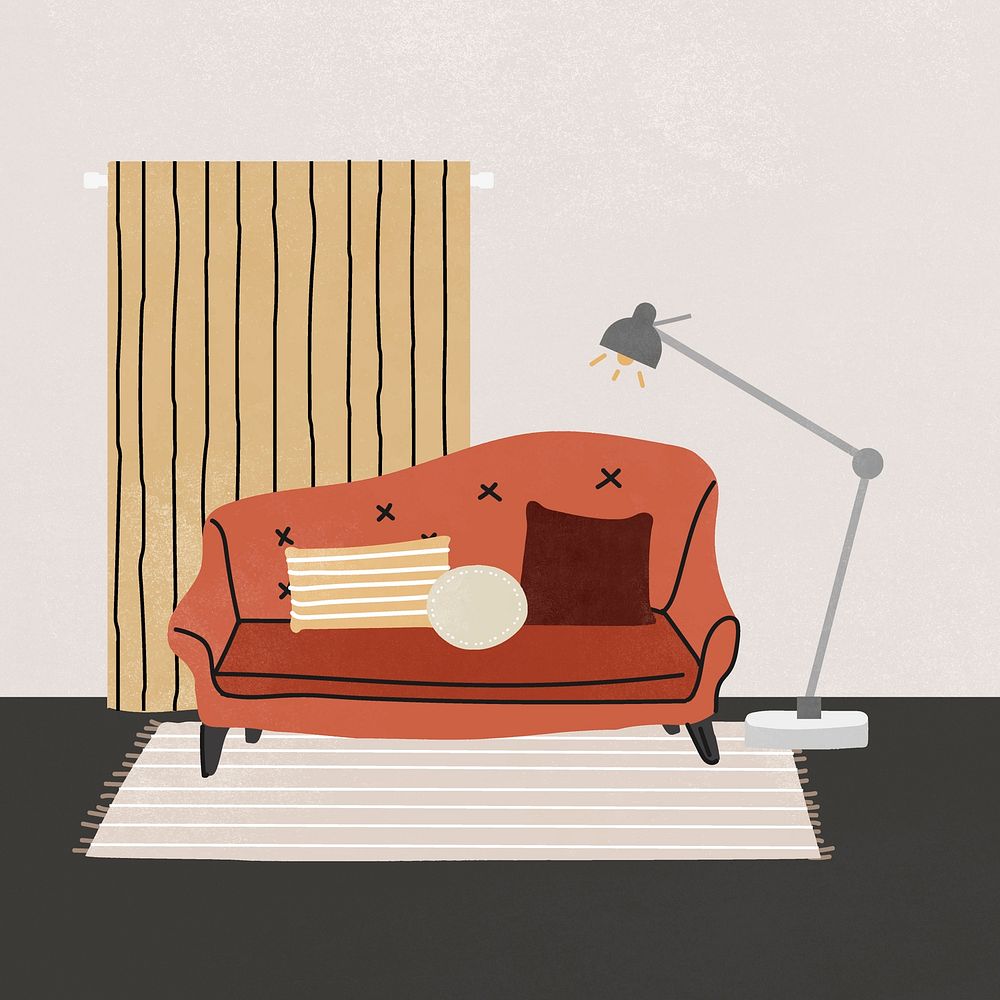 Retro living room Instagram post illustration, with furniture & home decor