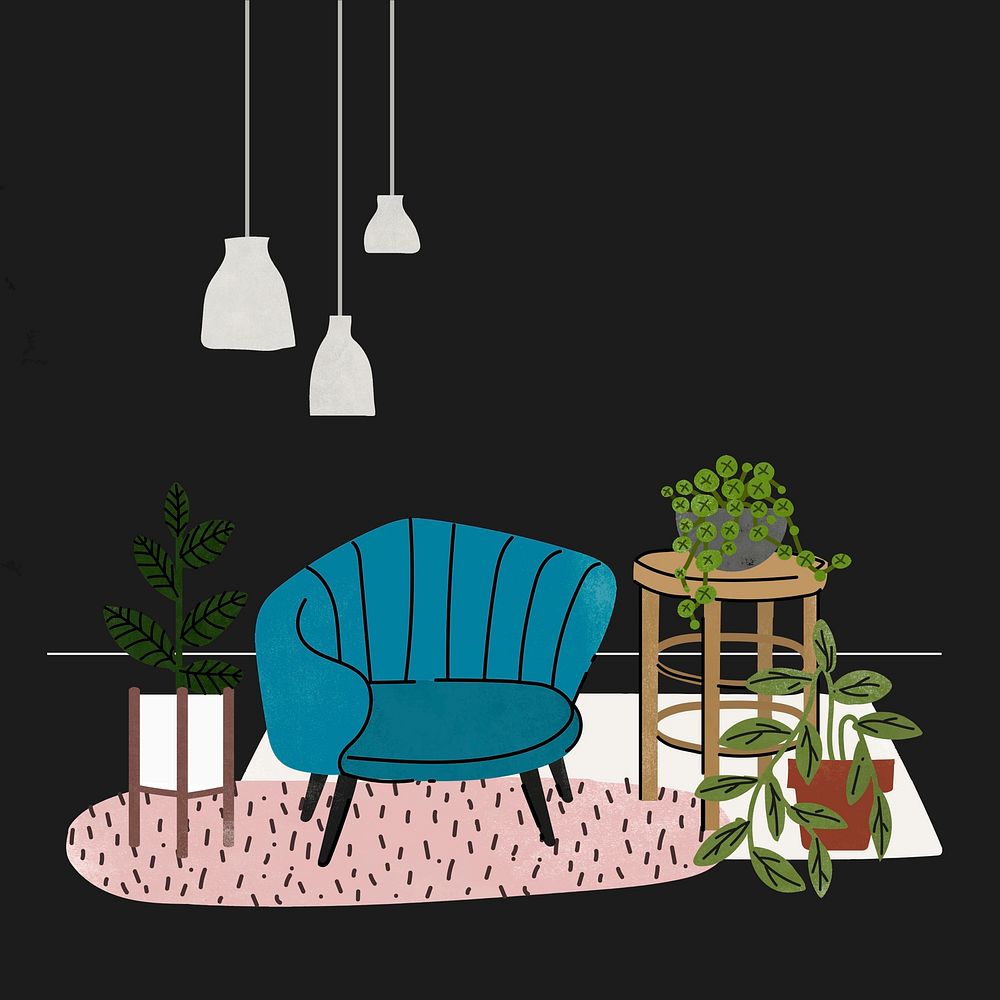 Retro living room Instagram post illustration, with furniture & home decor psd
