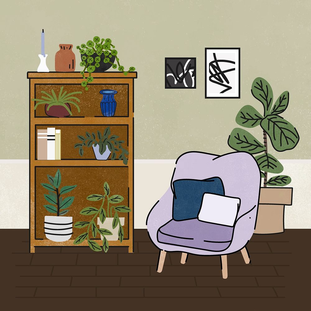 Cozy room Instagram post illustration, with furniture & home decor