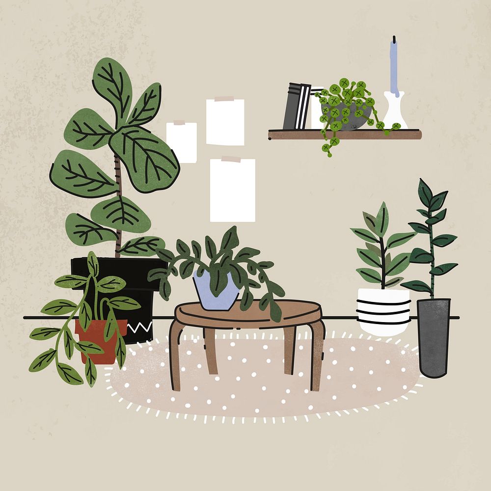 Retro room Instagram post illustration, with furniture & home decor psd