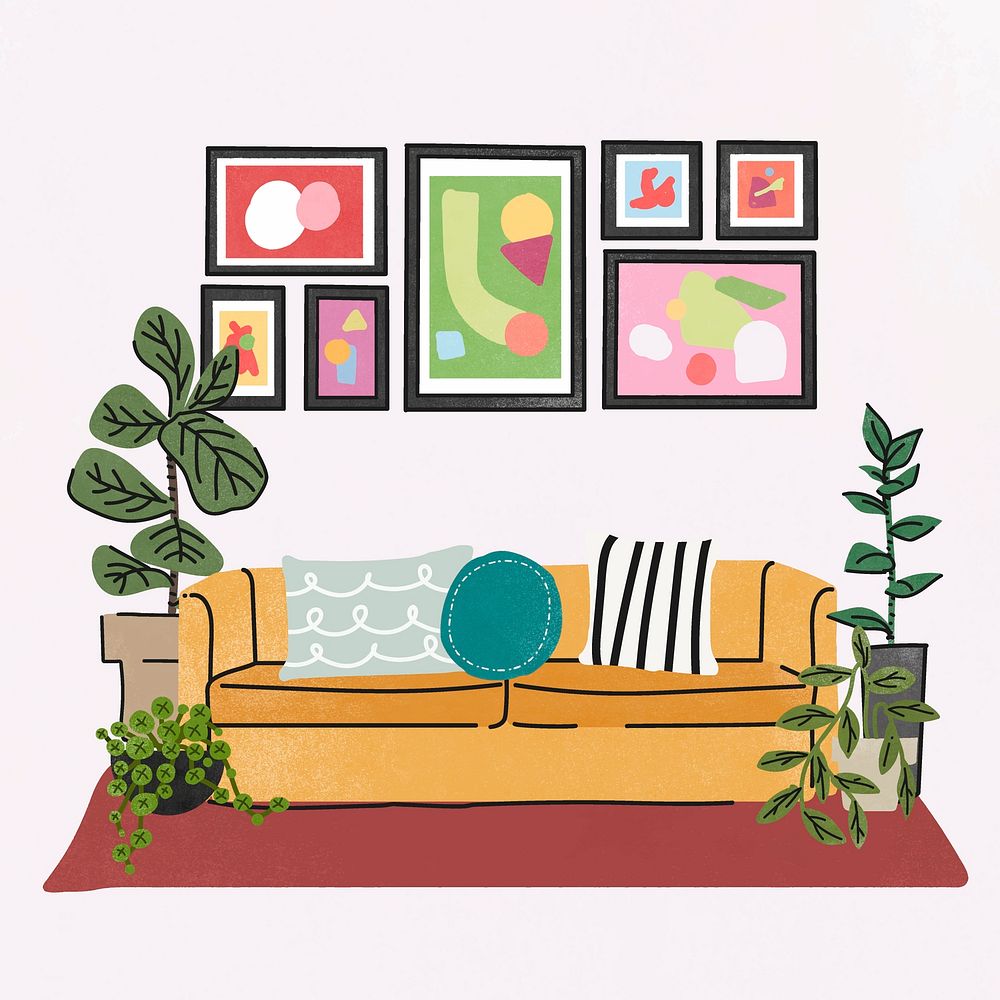 Colorful room Instagram post illustration, with furniture & home decor vector