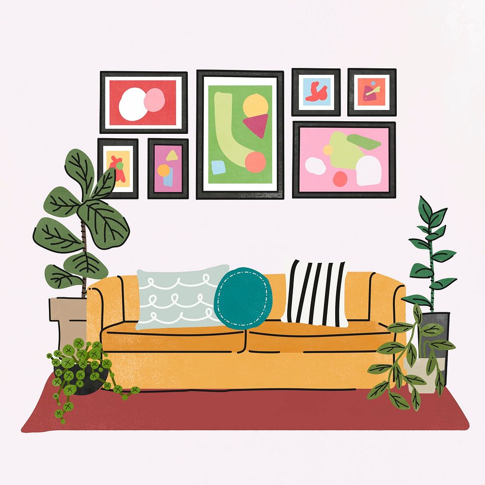 Colorful room Instagram post illustration, with furniture & home decor psd