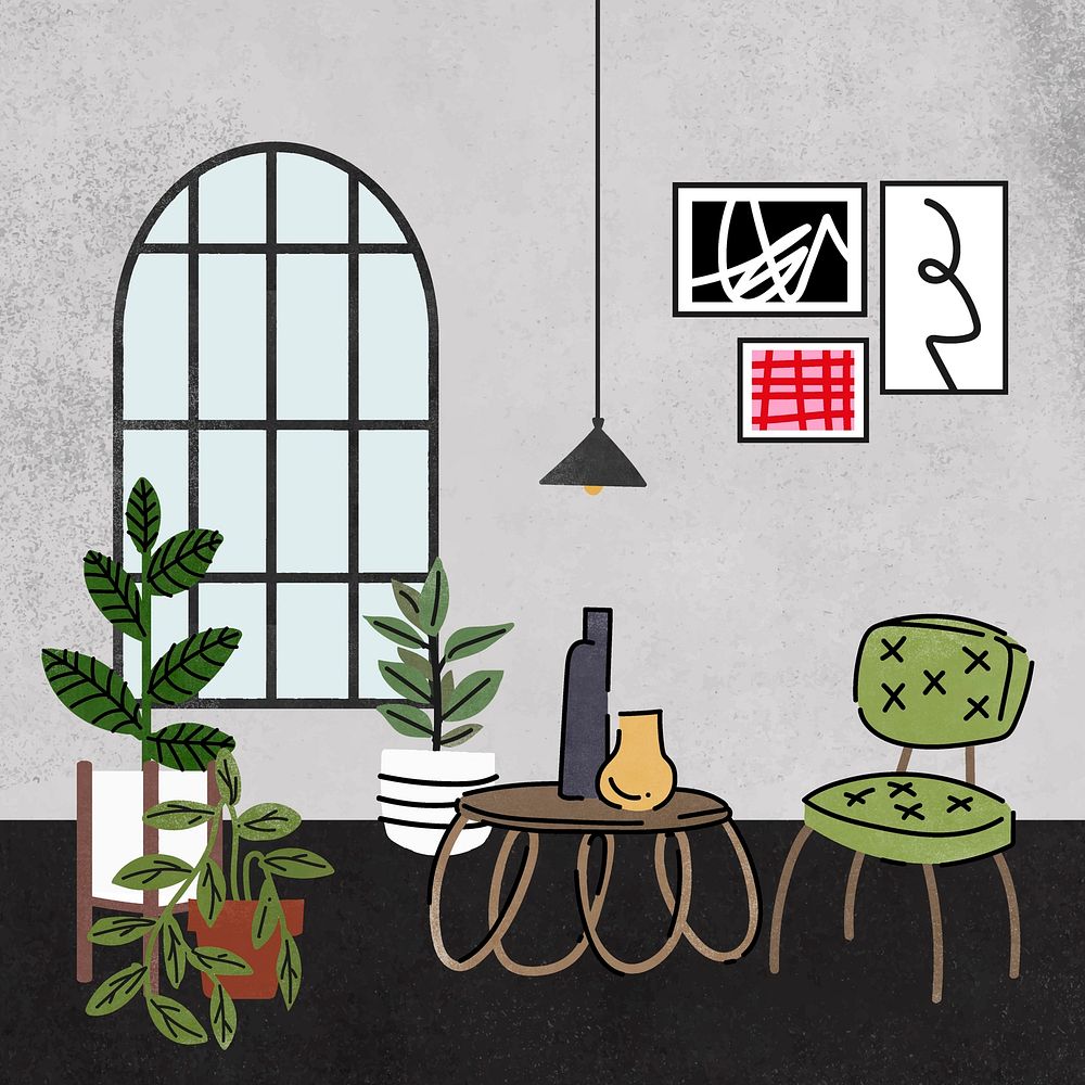 Cute cafe Instagram post illustration, with furniture & home decor vector