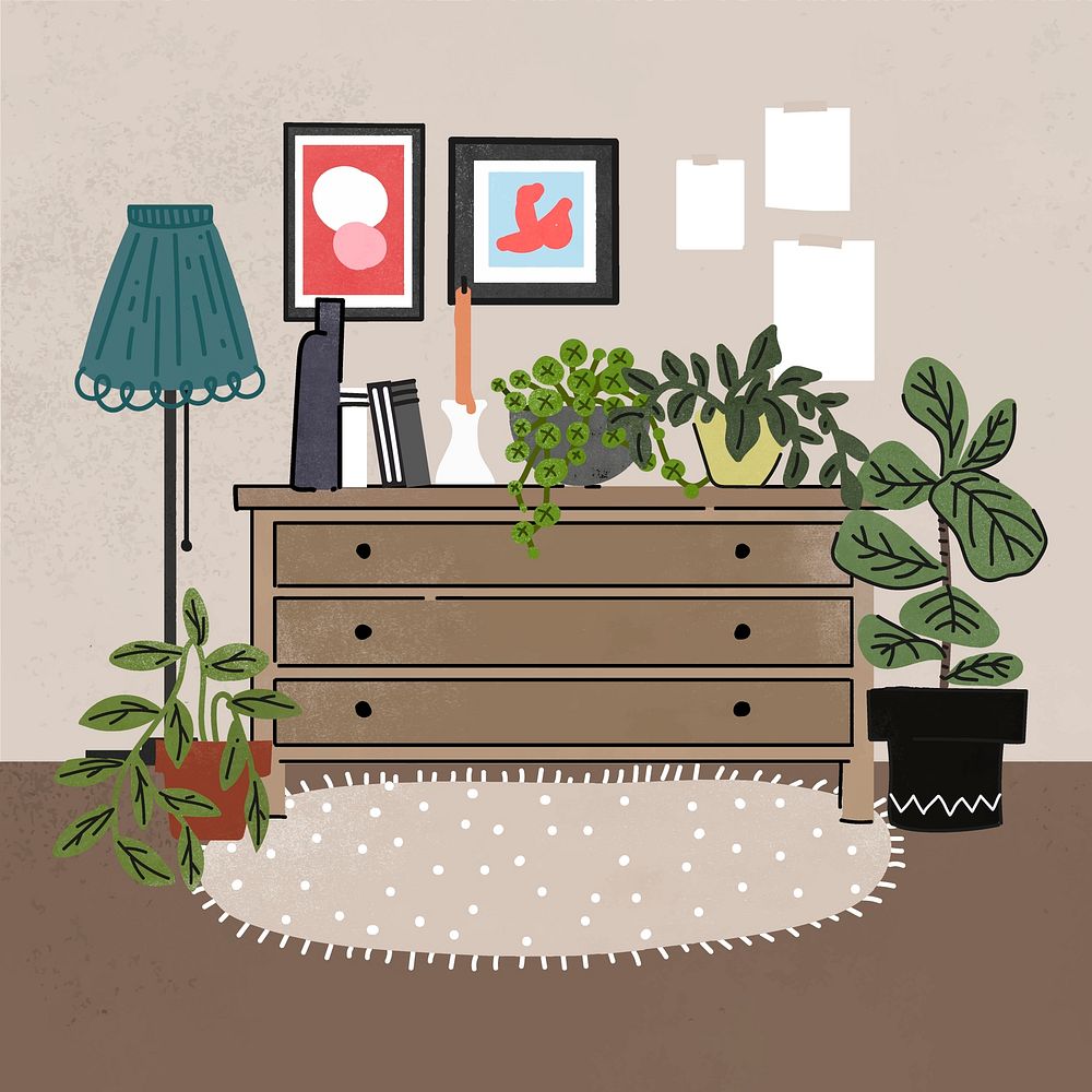 Cute room Instagram post illustration, with furniture & home decor