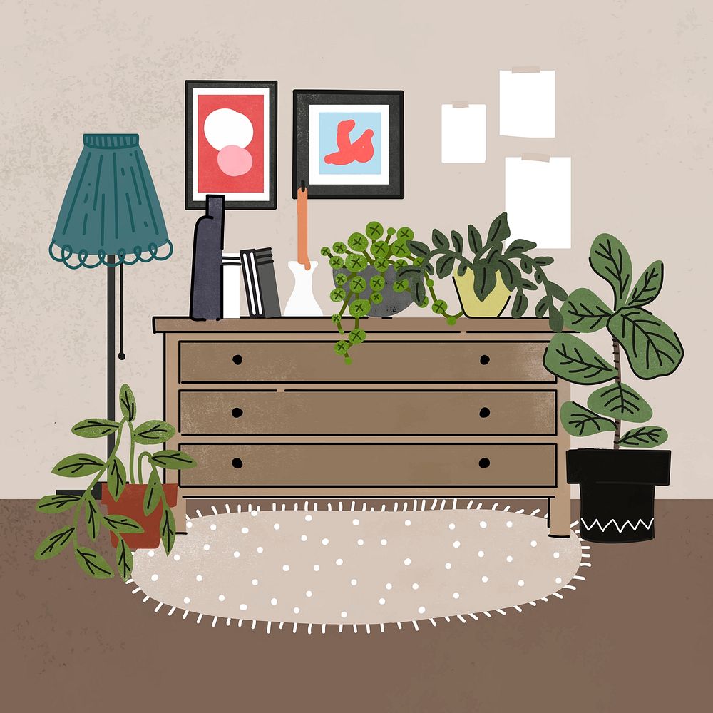 Cute room Instagram post illustration, with furniture & home decor psd