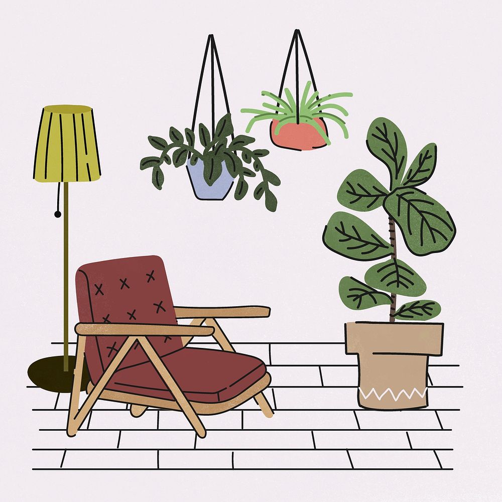 Retro living room Instagram post illustration, with furniture & home decor vector