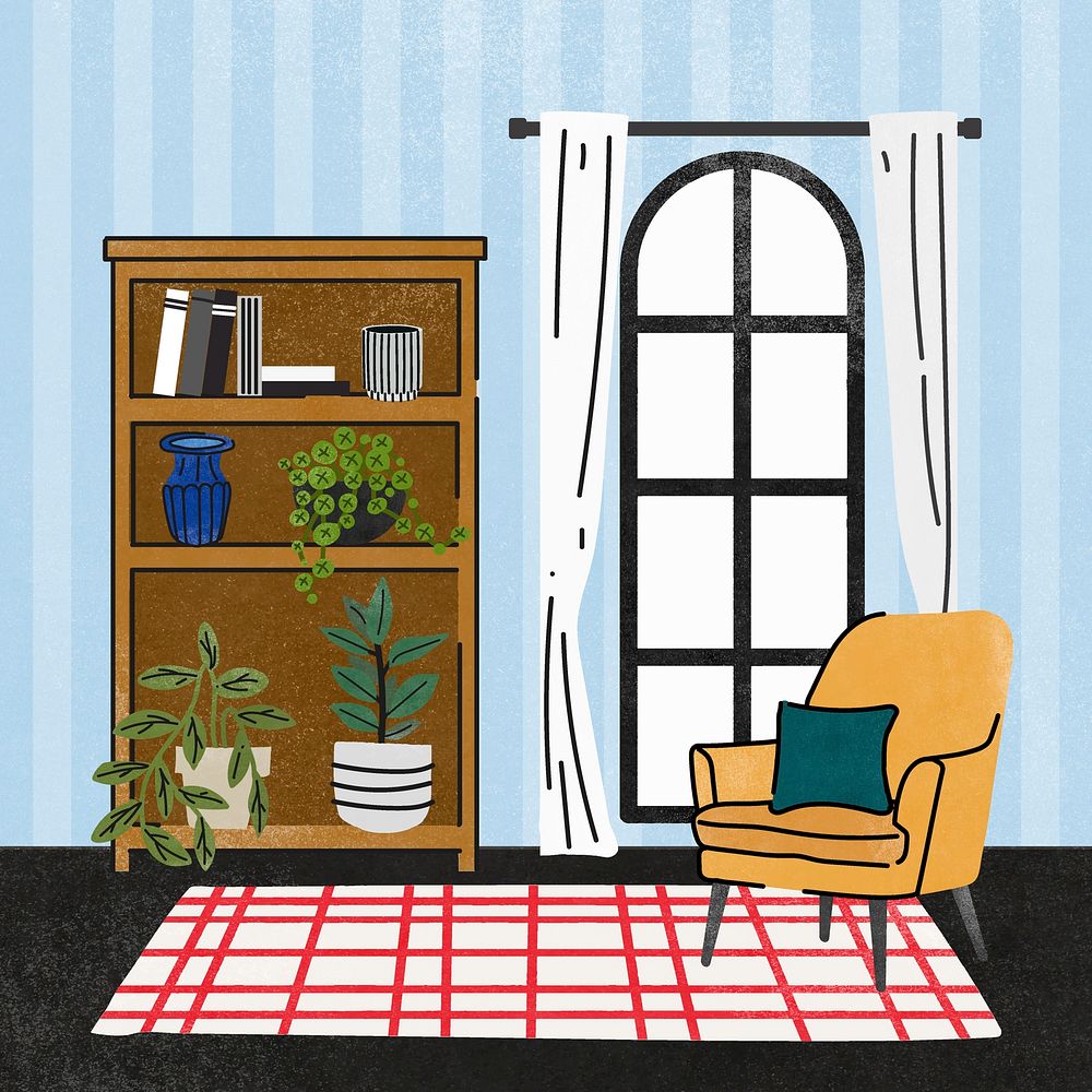 Cute living room Instagram post illustration, with furniture & home decor vector