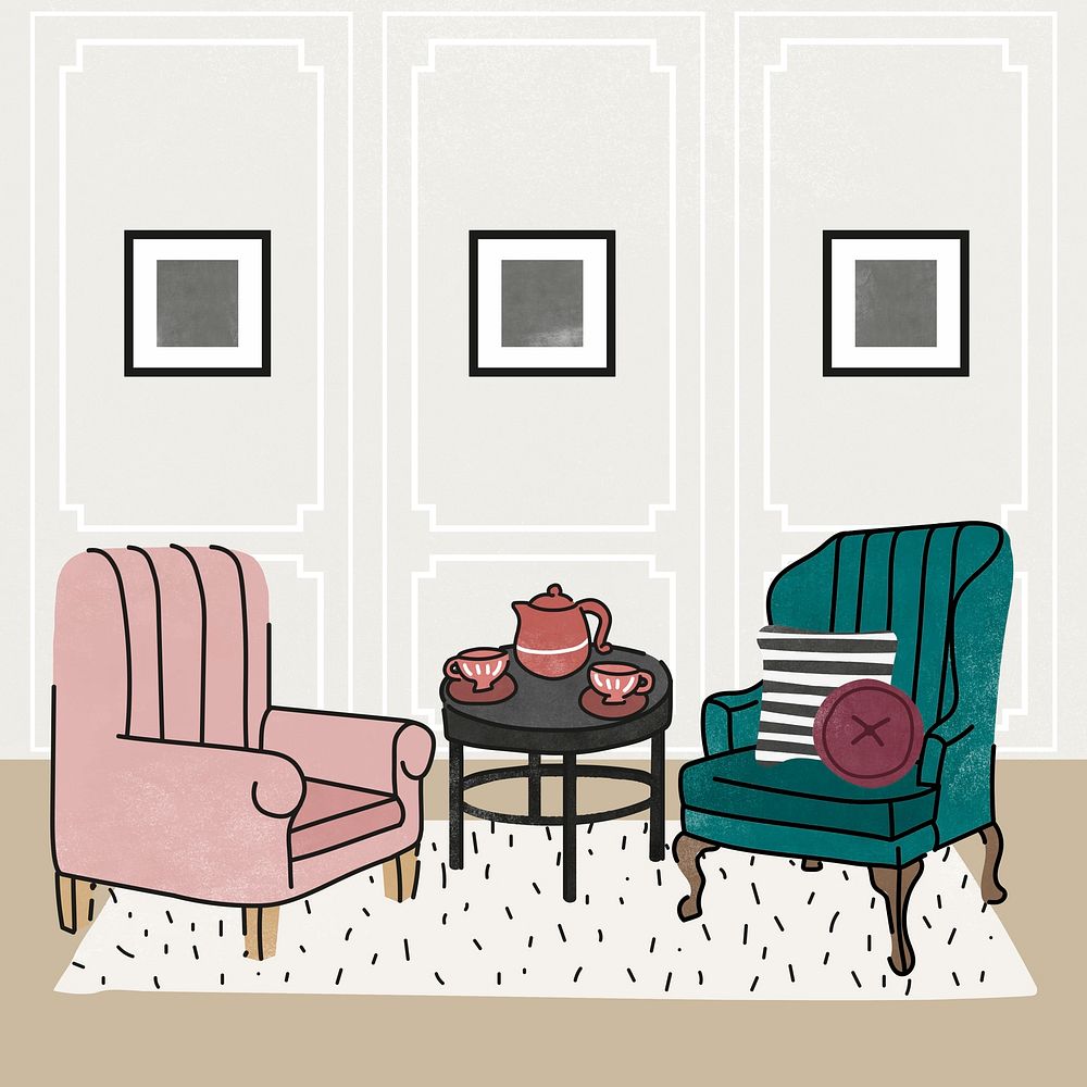 Tea room illustration, with furniture & home decor psd