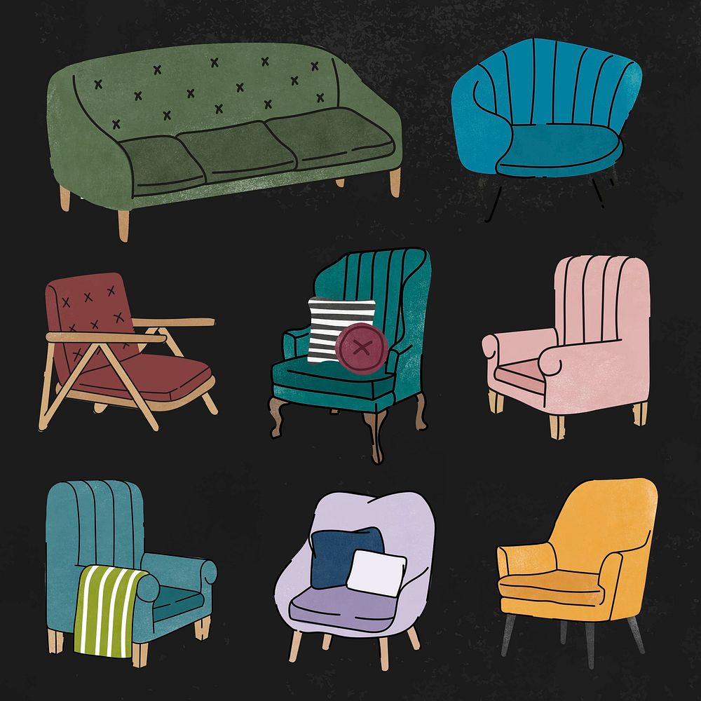 Chair & sofa stickers, furniture illustrations set psd