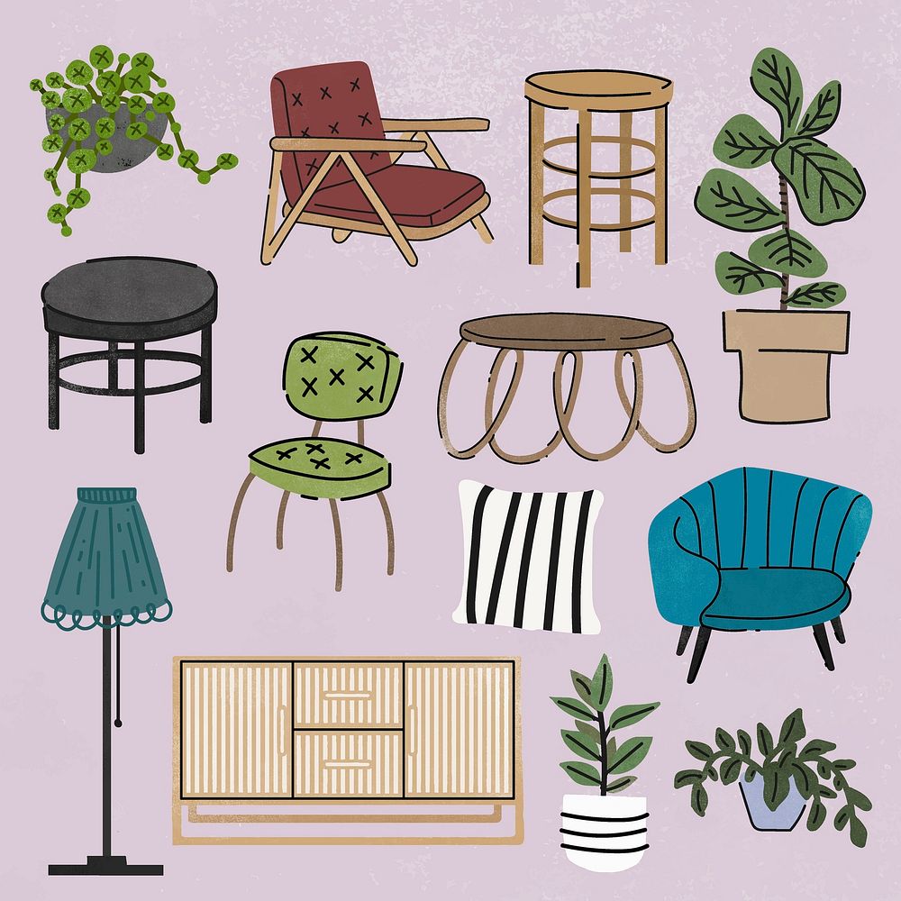 Cute home decor stickers, furniture illustrations set vector