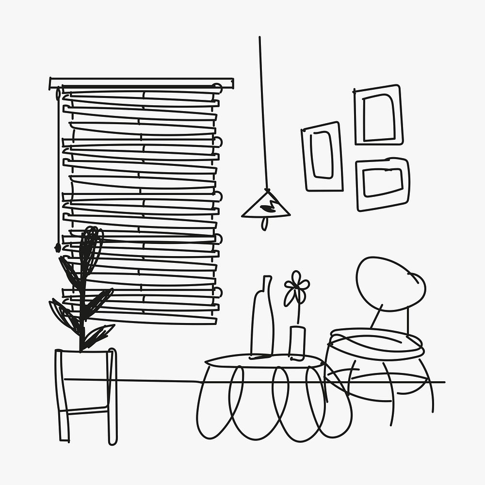Living room doodle sketch, home interior illustration psd