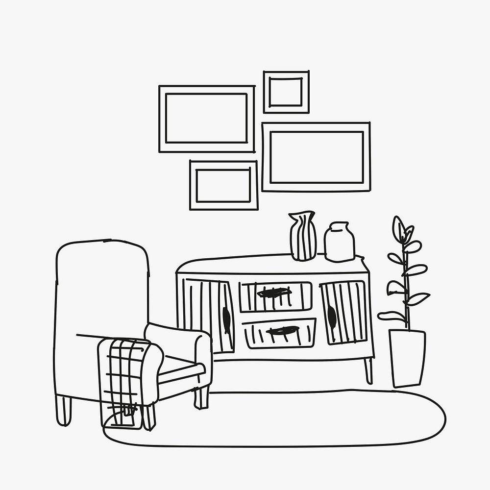 Living room doodle sketch, home interior illustration psd