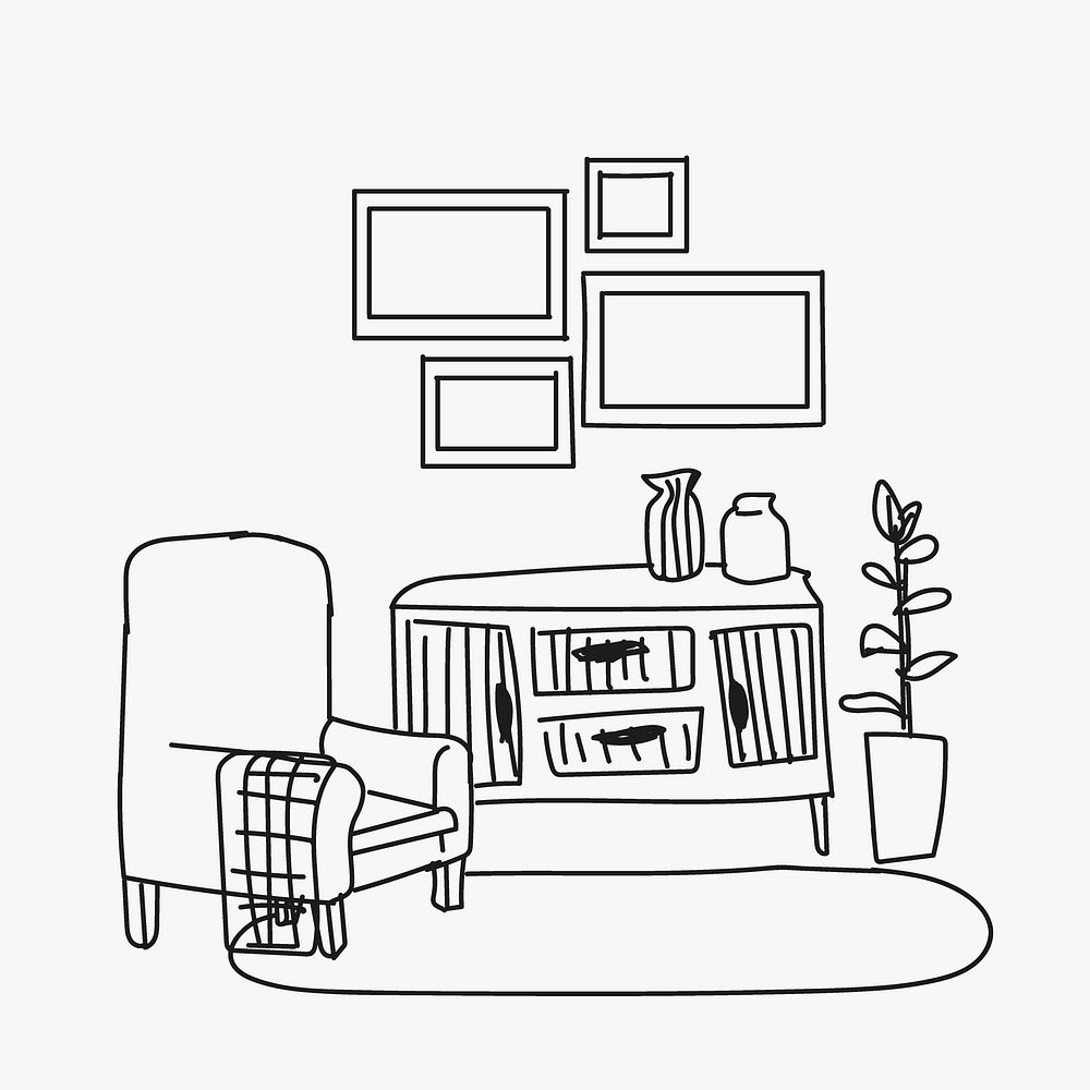 Cozy room sketch Instagram post, home interior illustration
