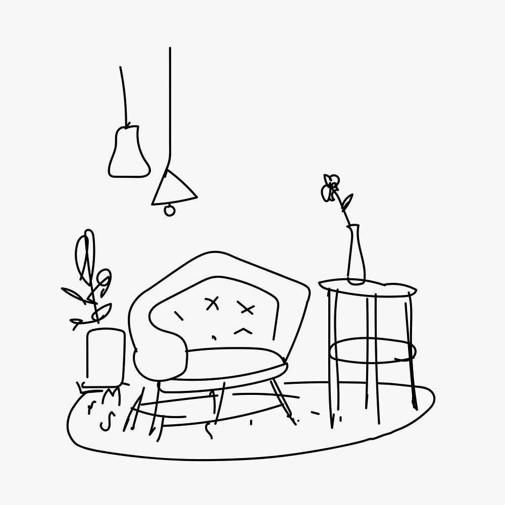 Cute chair & table doodle sketch, home interior illustration psd