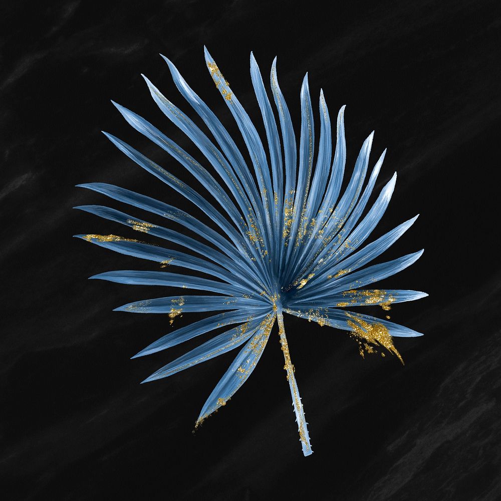 Tropical leaf clipart, blue fan palm leaf, gold glitter design