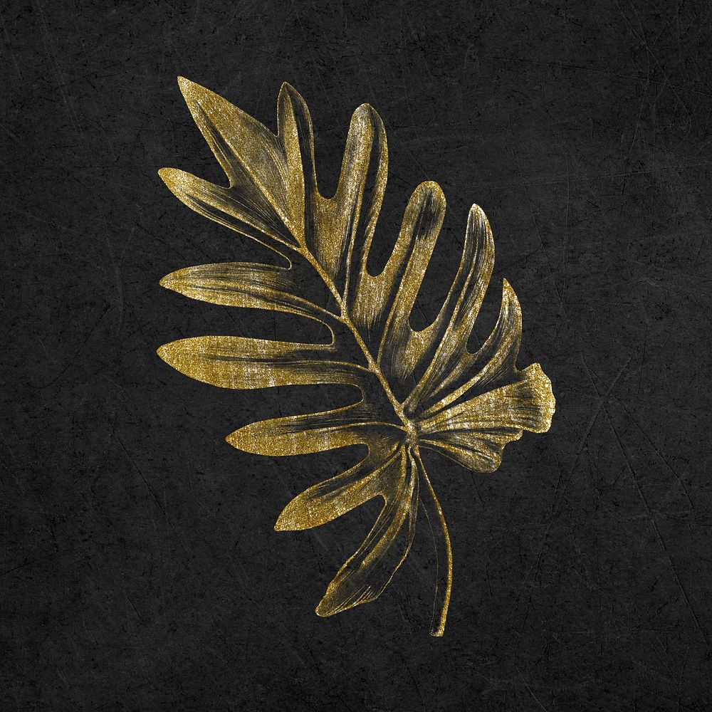 Philodendron collage element, gold glitter design psd
