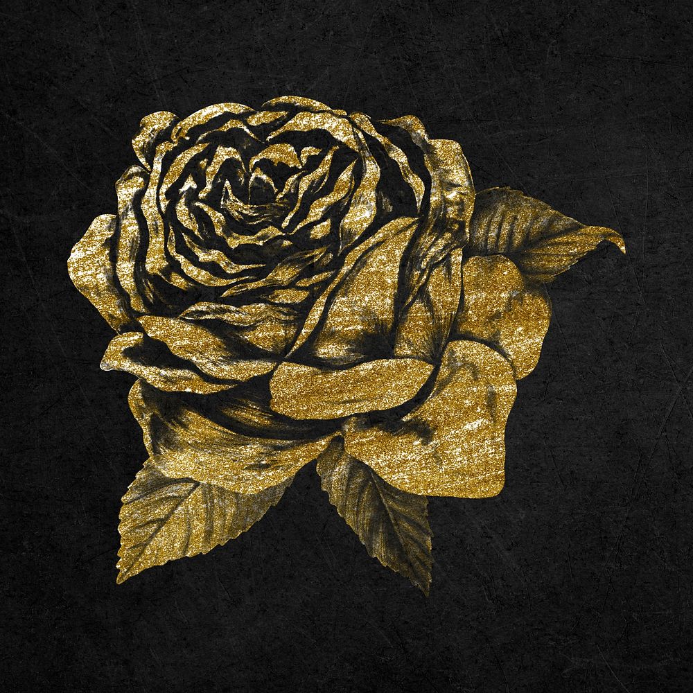 Gold glitter rose clipart, black background
