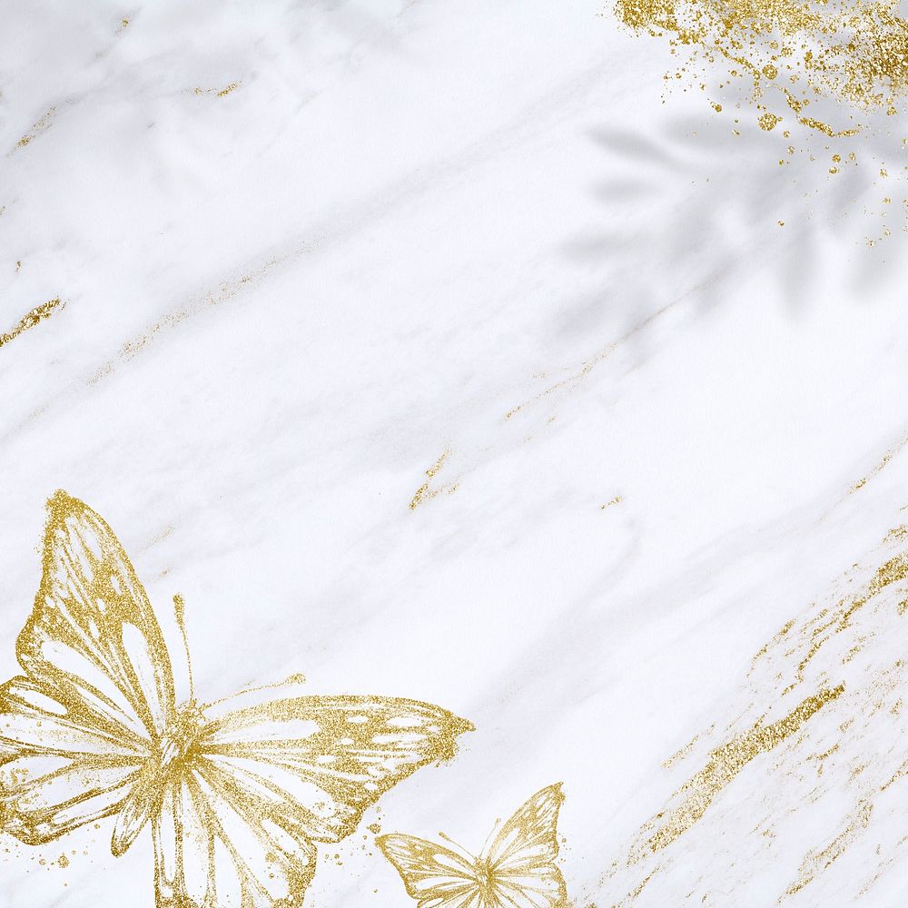 White background, gold glitter butterfly, social media post