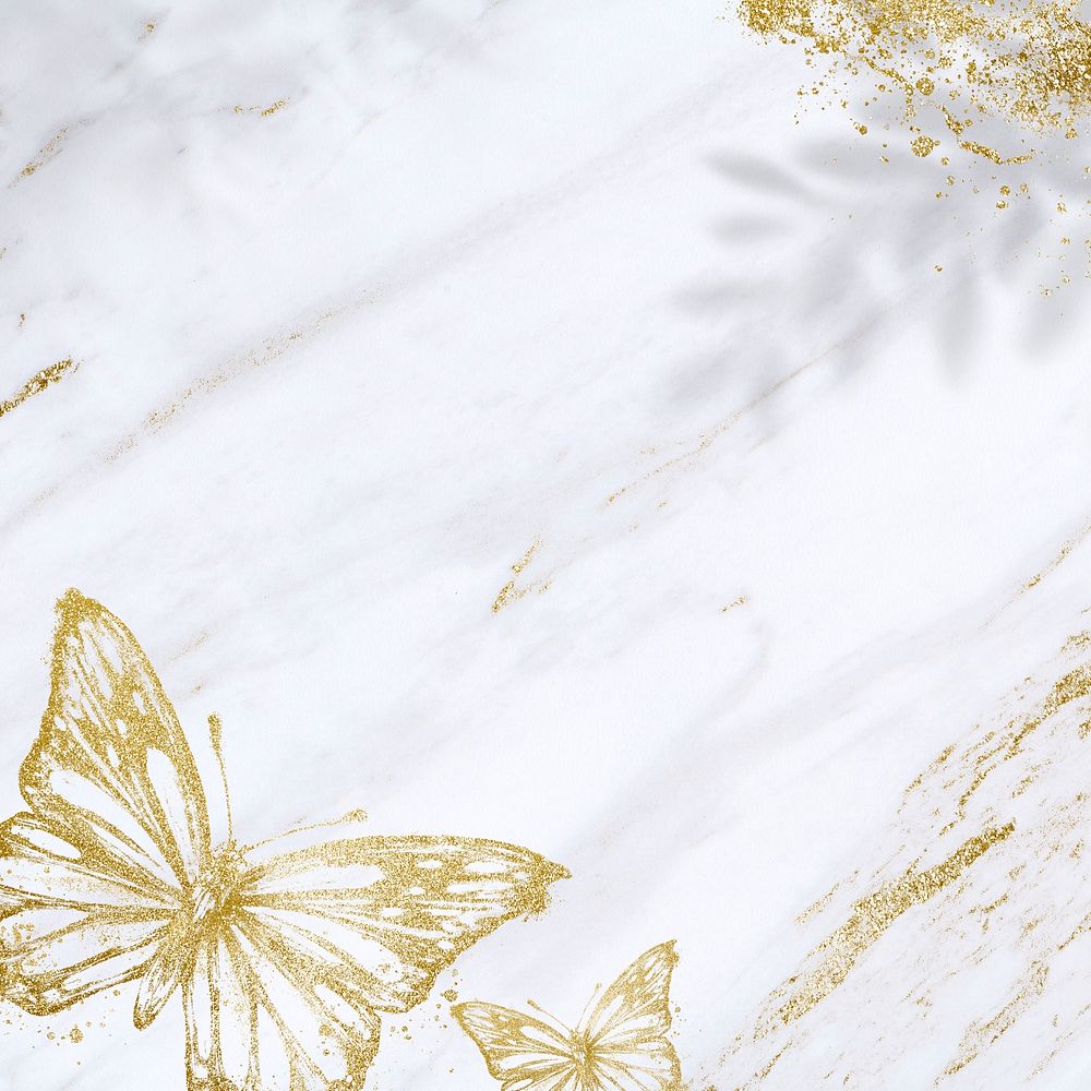 White background, gold glitter butterfly, social media post psd